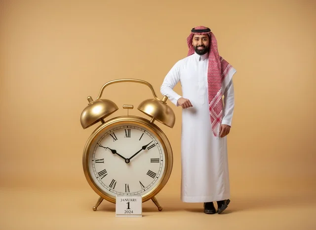 Saudi Man with Large Alarm Clock and 2024 Calendar