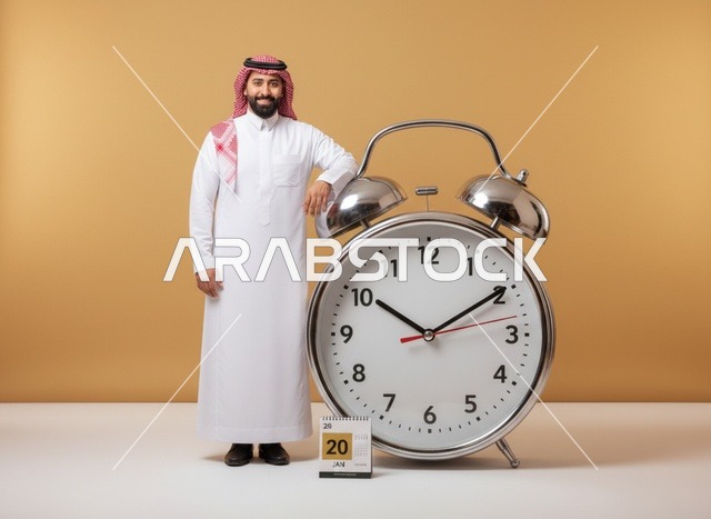 رجل سعودي مع ساعة منبه ضخمة وتقويم