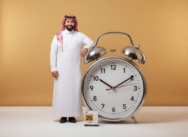 Saudi Man with Large Alarm Clock and Calendar
