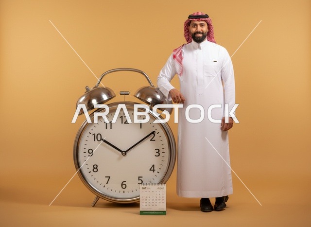 رجل سعودي مع ساعة منبه كبيرة وتقويم