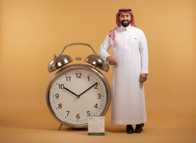 Saudi Man with Large Alarm Clock and Calendar Saudi Man with Large Alarm Clock and Calendar