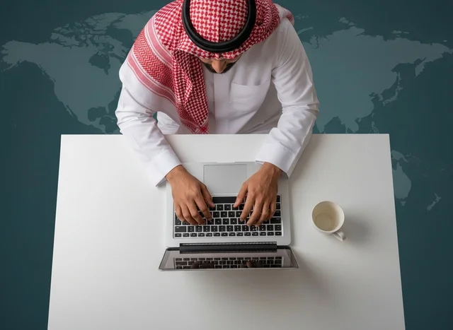 Saudi Businessman Working on Laptop Top View