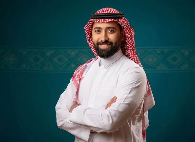 Saudi Man in Traditional Dress Against Teal Background