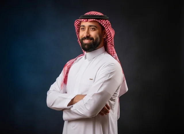 Saudi Man in Traditional Dress Portrait on Dark Background
