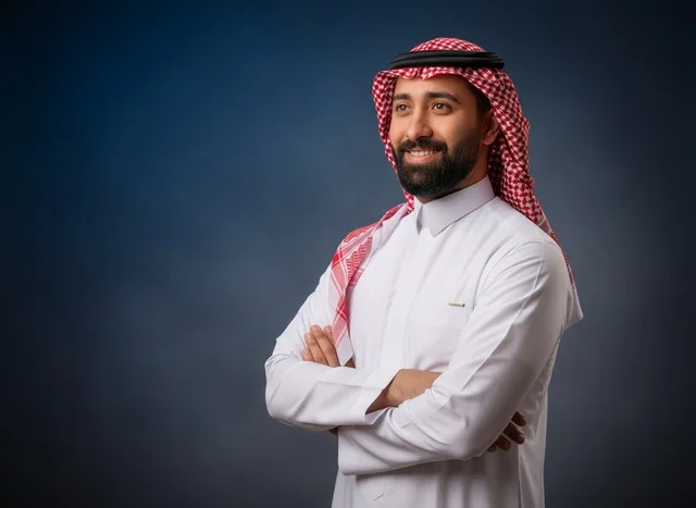 رجل سعودي مبتسم بالثوب والشماغ التقليدي