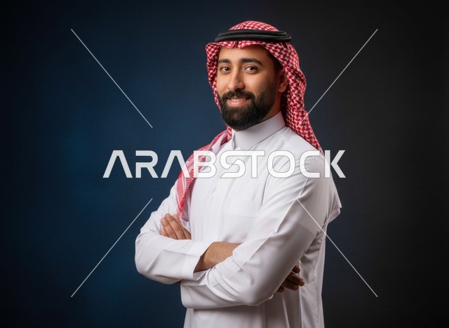 رجل سعودي مبتسم بالثوب والشماغ التقليدي