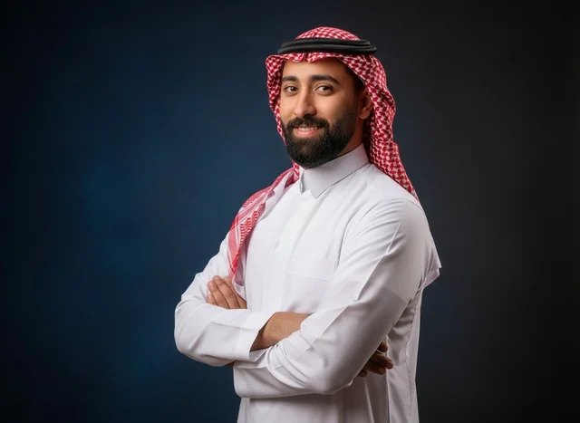 رجل سعودي مبتسم بالثوب والشماغ التقليدي