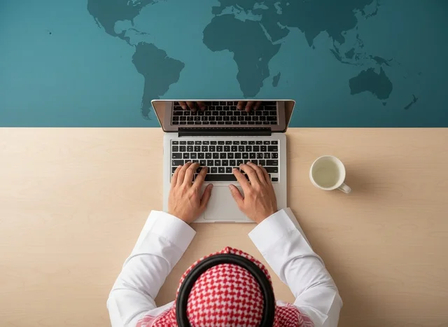 Saudi Businessman Working on Laptop with World Map
