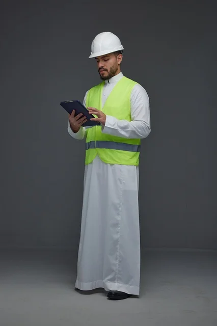 مهندس سعودي يستخدم جهاز لوحي بمعدات السلامة