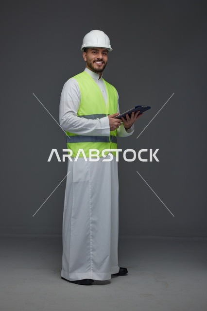 مهندس سعودي يرتدي سترة الأمان ويحمل جهازا لوحيا