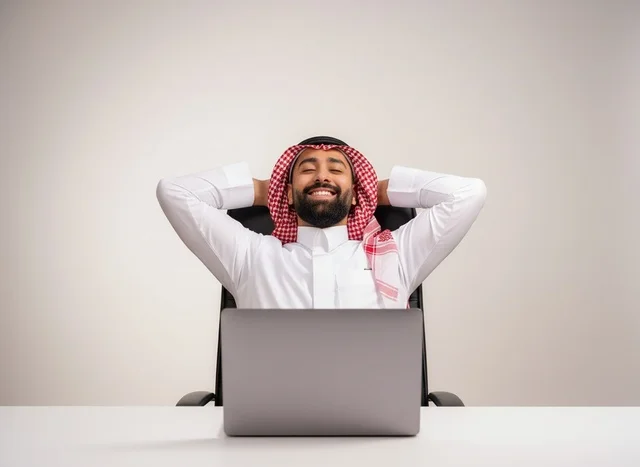 رجل أعمال سعودي مسترخي في المكتب مع لابتوب