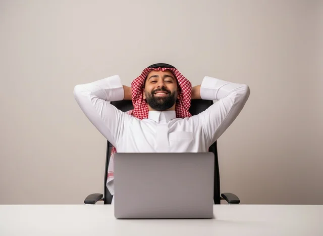 رجل سعودي يسترخي أمام مكتب العمل مع حاسوب