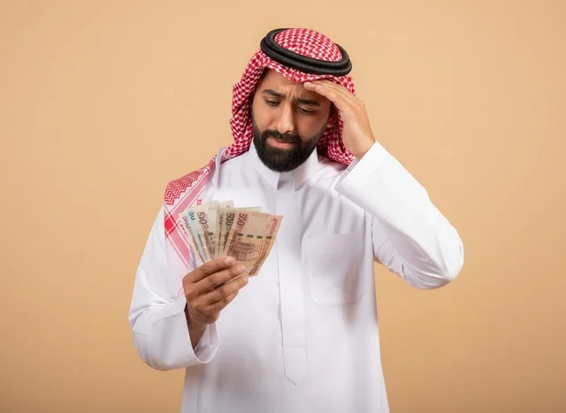 Worried Saudi Man Holding Saudi Riyal Banknotes Studio