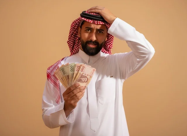 رجل سعودي يحمل نقوداً بتعبير وجه قلق