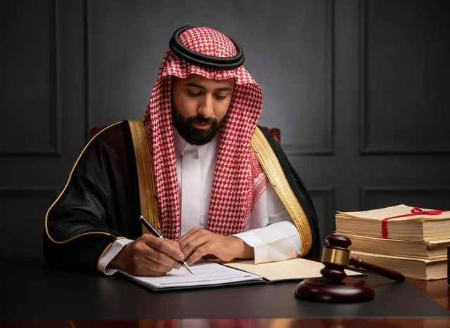 قاضي سعودي يوقع وثيقة قانونية مع مطرقة العدالة