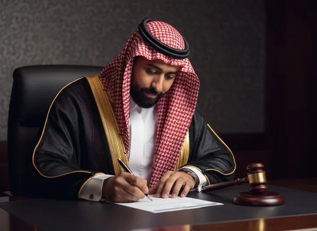 قاضي سعودي يوقع وثيقة قانونية في المكتب