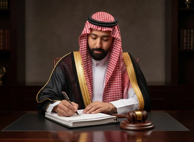 قاضي سعودي بالبشت التقليدي يوقع أوراق قانونية