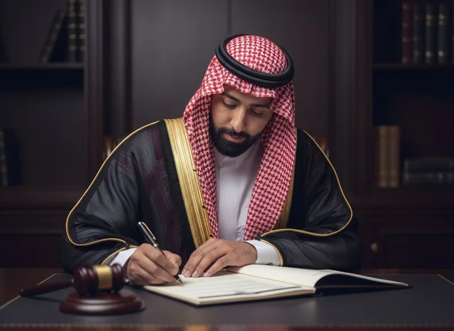 قاضي سعودي بالزي التقليدي يكتب في سجل قانوني