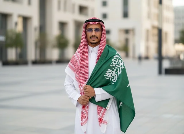 رجل سعودي يحمل العلم الوطني بالزي التقليدي