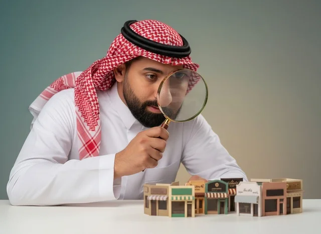 Saudi Businessman Inspecting Retail Models with Magnifier
