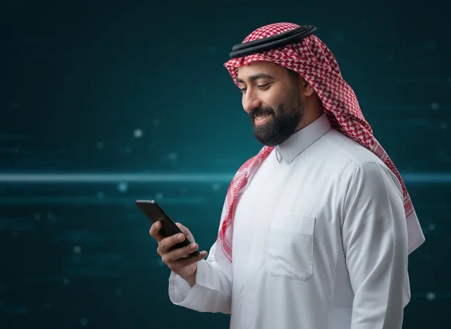 Saudi Man in Traditional Dress Using Smartphone Digital