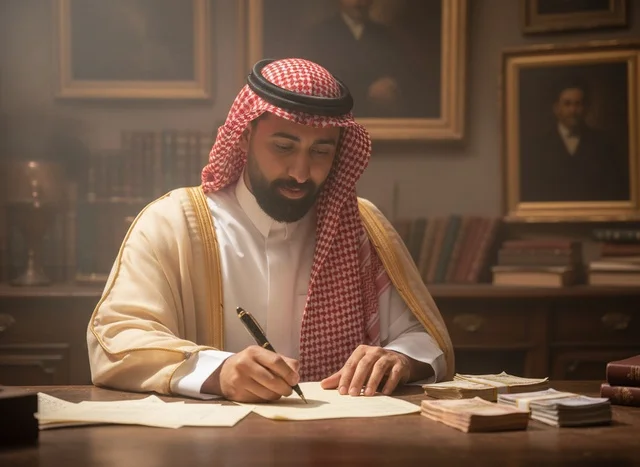 Saudi Man in Traditional Bisht Writing at Office Desk