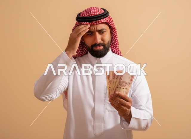 رجل سعودي يحمل أوراق نقدية بتعبير وجه قلق