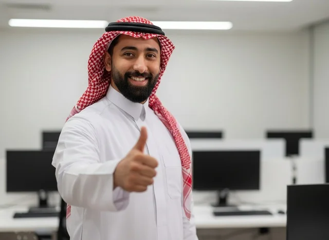 Saudi Businessman in Modern Office Giving Thumbs Up