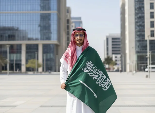 رجل سعودي يحمل علم المملكة في مدينة حديثة