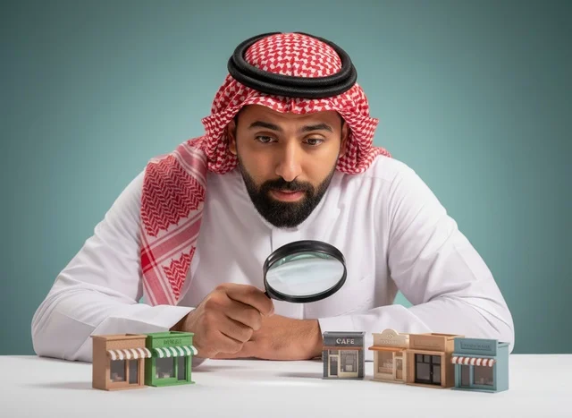 Saudi Man Inspecting Miniature Business Models