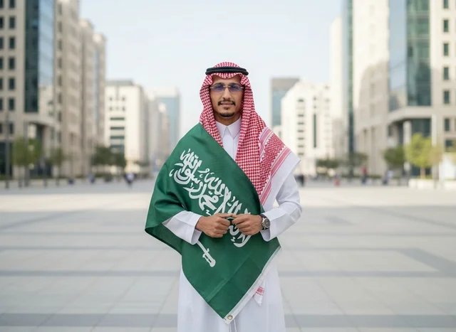 Saudi Man with National Flag in Modern City Plaza