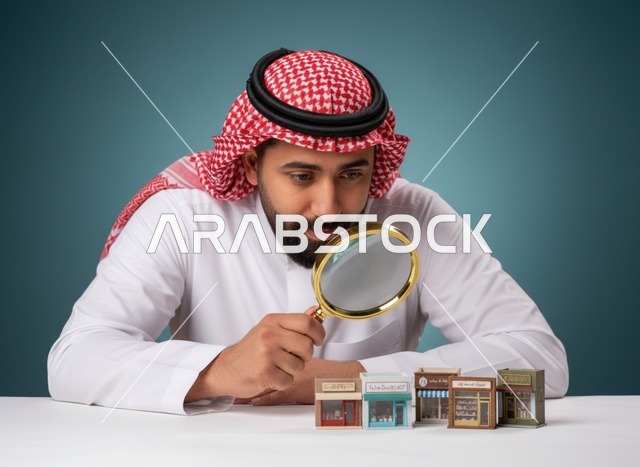 رجل سعودي يفحص نماذج متاجر مصغرة بعدسة مكبرة