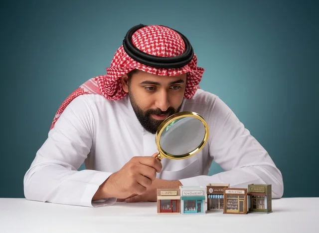 Saudi Man Inspecting Miniature Shops with Magnifying Glass
