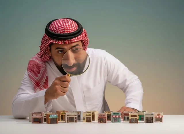 رجل سعودي يتفحص نماذج محلات تجارية مصغرة