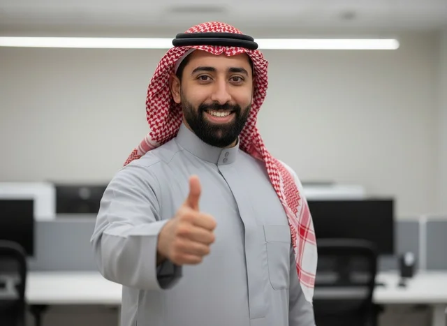 رجل أعمال سعودي في المكتب يشير بالإبهام