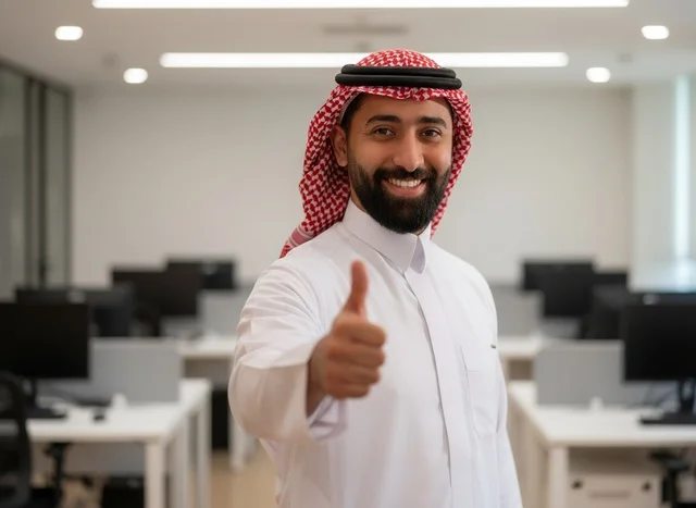 رجل أعمال سعودي يرفع إبهامه في مكتب حديث رجل أعمال سعودي يرفع إبهامه في مكتب حديث