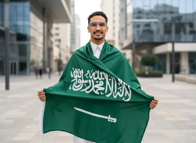 رجل سعودي يحمل العلم الوطني في منطقة حضرية