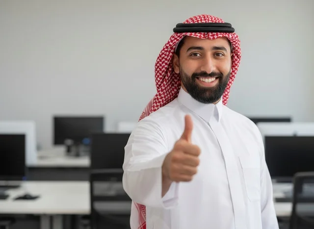 Saudi Businessman Giving Thumbs Up in Modern Office
