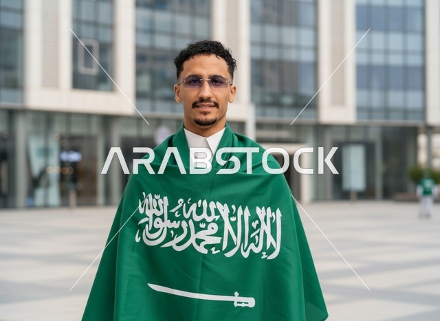 رجل سعودي بالعلم في منطقة حضرية بالثوب التقليدي