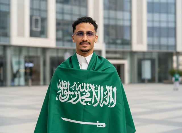 رجل سعودي بالعلم في منطقة حضرية بالثوب التقليدي