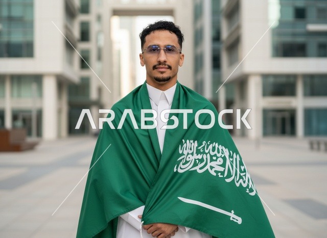 رجل سعودي يتوشح العلم في منطقة حضرية