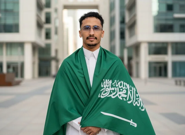 رجل سعودي يتوشح العلم في منطقة حضرية
