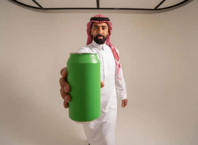 رجل سعودي يمسك علبة مشروب خضراء في الاستوديو