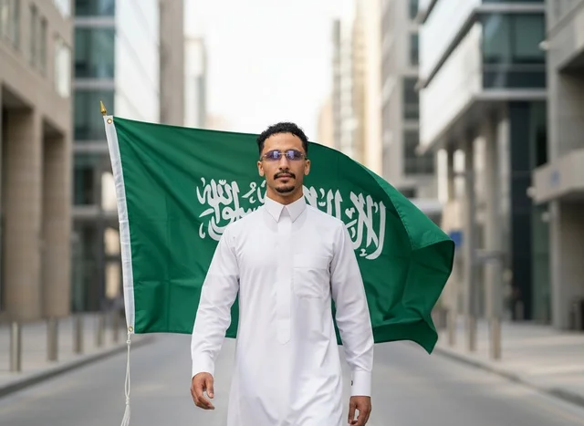 Saudi Arabian Man with National Flag in City Street