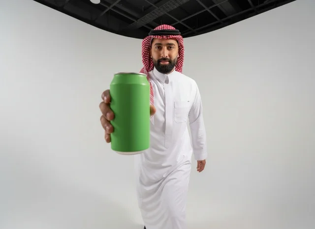Saudi Man Holding Green Aluminum Can in Studio