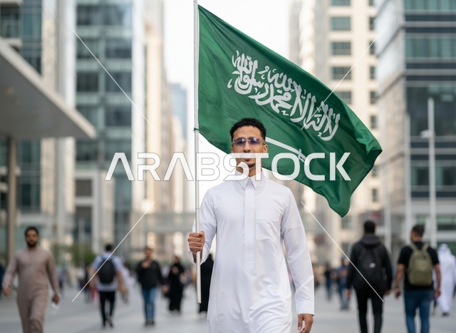 رجل سعودي يحمل العلم في منطقة حضرية حديثة