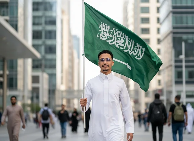 Saudi Man with Flag in Modern City District