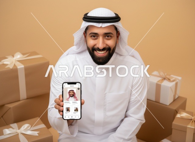 رجل سعودي يحمل هاتفاً ذكياً مع صناديق هدايا