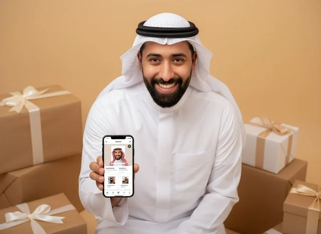 Saudi Man Holding Smartphone with Gift Boxes