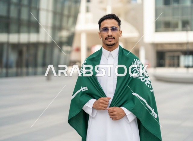 رجل سعودي يرتدي الثوب مع العلم الوطني في الخارج